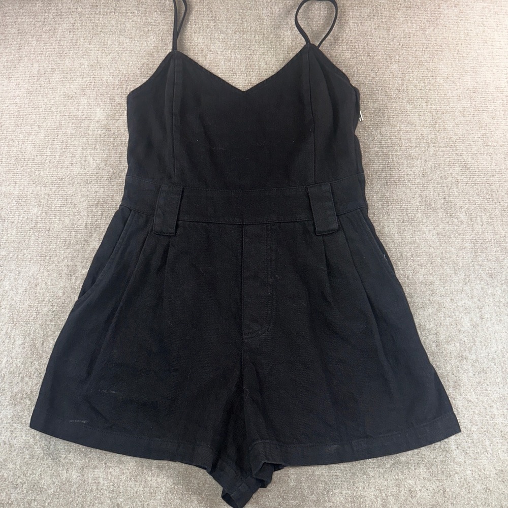 Olivaceous Black Denim Romper Sweetheart Neck Smocked‎ Back Pockets Size M